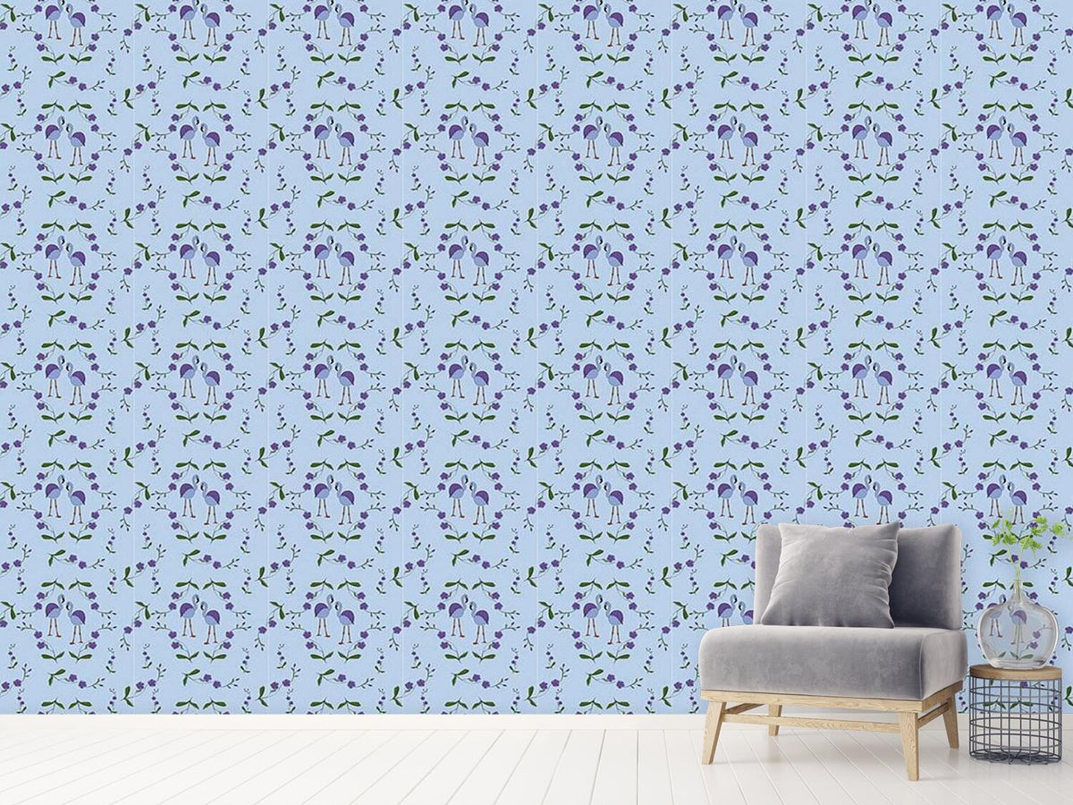 patterned-wallpaper-flamingos-under-blossoms